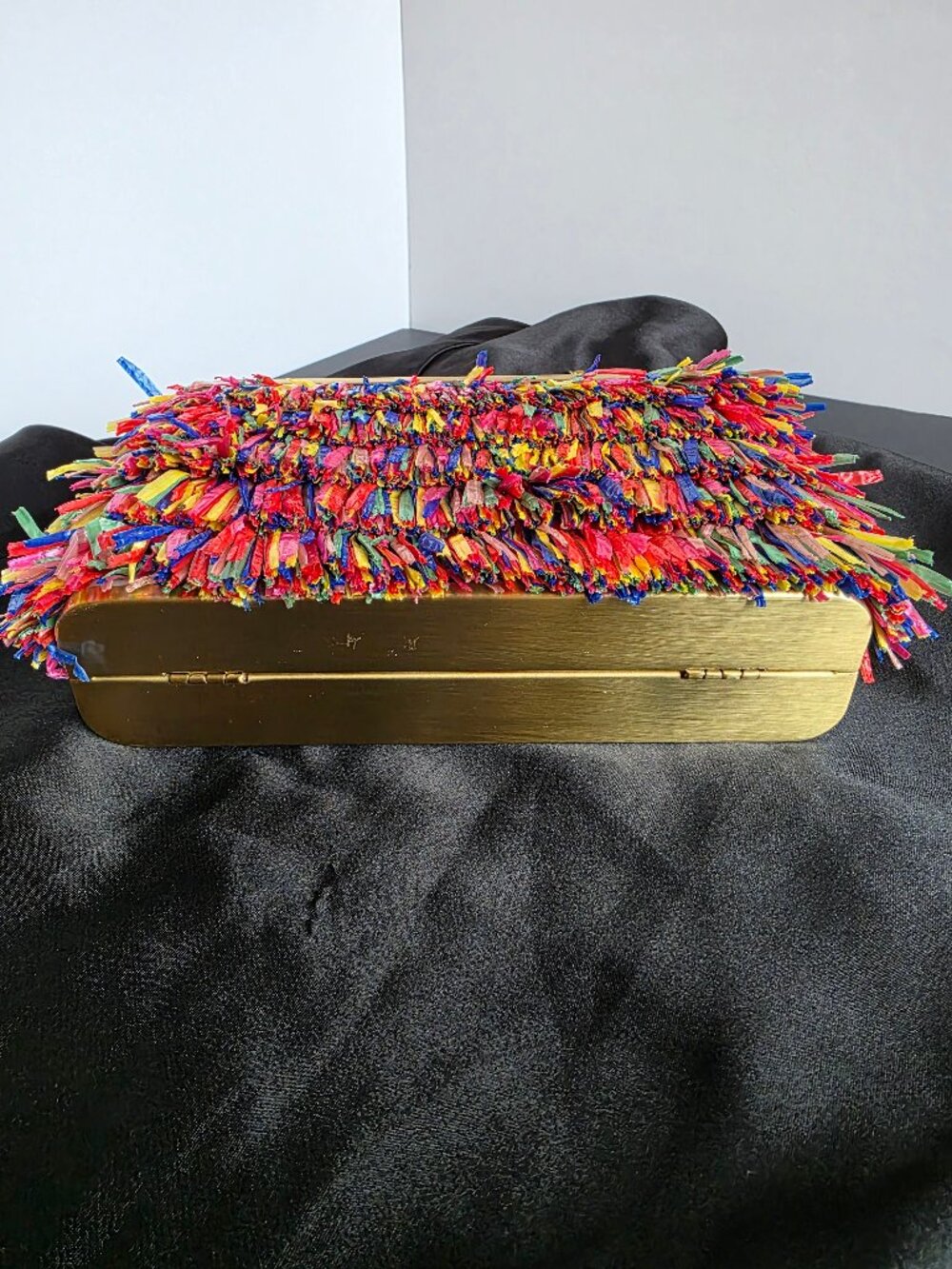Olga Berg Carlita Carnivale Clutch Bag Multicolor Raffia Gold Frame Chain Strap - Picture 9 of 16